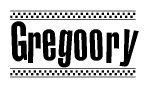 The image is a black and white clipart of the text Gregoory in a bold, italicized font. The text is bordered by a dotted line on the top and bottom, and there are checkered flags positioned at both ends of the text, usually associated with racing or finishing lines.