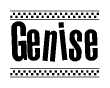The image is a black and white clipart of the text Genise in a bold, italicized font. The text is bordered by a dotted line on the top and bottom, and there are checkered flags positioned at both ends of the text, usually associated with racing or finishing lines.