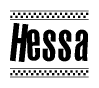 The image is a black and white clipart of the text Hessa in a bold, italicized font. The text is bordered by a dotted line on the top and bottom, and there are checkered flags positioned at both ends of the text, usually associated with racing or finishing lines.