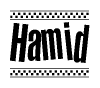 The image contains the text Hamid in a bold, stylized font, with a checkered flag pattern bordering the top and bottom of the text.