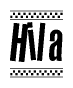The image contains the text Hila in a bold, stylized font, with a checkered flag pattern bordering the top and bottom of the text.