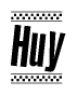The image is a black and white clipart of the text Huy in a bold, italicized font. The text is bordered by a dotted line on the top and bottom, and there are checkered flags positioned at both ends of the text, usually associated with racing or finishing lines.