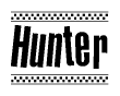 The clipart image displays the text Hunter in a bold, stylized font. It is enclosed in a rectangular border with a checkerboard pattern running below and above the text, similar to a finish line in racing. 