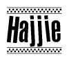 The image contains the text Hajjie in a bold, stylized font, with a checkered flag pattern bordering the top and bottom of the text.