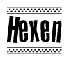 The image contains the text Hexen in a bold, stylized font, with a checkered flag pattern bordering the top and bottom of the text.