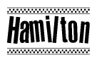 The image contains the text Hamilton in a bold, stylized font, with a checkered flag pattern bordering the top and bottom of the text.