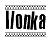 The image contains the text Ilonka in a bold, stylized font, with a checkered flag pattern bordering the top and bottom of the text.