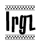 The image is a black and white clipart of the text Irgz in a bold, italicized font. The text is bordered by a dotted line on the top and bottom, and there are checkered flags positioned at both ends of the text, usually associated with racing or finishing lines.