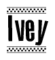 The image contains the text Ivey in a bold, stylized font, with a checkered flag pattern bordering the top and bottom of the text.