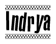 The image contains the text Indrya in a bold, stylized font, with a checkered flag pattern bordering the top and bottom of the text.