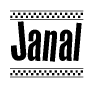 The image is a black and white clipart of the text Janal in a bold, italicized font. The text is bordered by a dotted line on the top and bottom, and there are checkered flags positioned at both ends of the text, usually associated with racing or finishing lines.