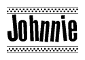 The image contains the text Johnnie in a bold, stylized font, with a checkered flag pattern bordering the top and bottom of the text.