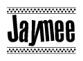 The image is a black and white clipart of the text Jaymee in a bold, italicized font. The text is bordered by a dotted line on the top and bottom, and there are checkered flags positioned at both ends of the text, usually associated with racing or finishing lines.