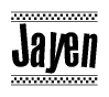 The image is a black and white clipart of the text Jayen in a bold, italicized font. The text is bordered by a dotted line on the top and bottom, and there are checkered flags positioned at both ends of the text, usually associated with racing or finishing lines.