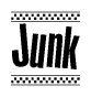 The image is a black and white clipart of the text Junk in a bold, italicized font. The text is bordered by a dotted line on the top and bottom, and there are checkered flags positioned at both ends of the text, usually associated with racing or finishing lines.