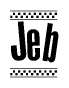 The clipart image displays the text Jeb in a bold, stylized font. It is enclosed in a rectangular border with a checkerboard pattern running below and above the text, similar to a finish line in racing. 