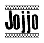 The image is a black and white clipart of the text Jojjo in a bold, italicized font. The text is bordered by a dotted line on the top and bottom, and there are checkered flags positioned at both ends of the text, usually associated with racing or finishing lines.