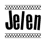 The clipart image displays the text Jelen in a bold, stylized font. It is enclosed in a rectangular border with a checkerboard pattern running below and above the text, similar to a finish line in racing. 