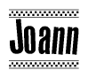 The clipart image displays the text Joann in a bold, stylized font. It is enclosed in a rectangular border with a checkerboard pattern running below and above the text, similar to a finish line in racing. 
