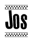 The image is a black and white clipart of the text Jos in a bold, italicized font. The text is bordered by a dotted line on the top and bottom, and there are checkered flags positioned at both ends of the text, usually associated with racing or finishing lines.
