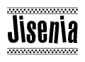 The image is a black and white clipart of the text Jisenia in a bold, italicized font. The text is bordered by a dotted line on the top and bottom, and there are checkered flags positioned at both ends of the text, usually associated with racing or finishing lines.