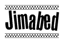 The image is a black and white clipart of the text Jimabed in a bold, italicized font. The text is bordered by a dotted line on the top and bottom, and there are checkered flags positioned at both ends of the text, usually associated with racing or finishing lines.