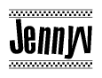 The image is a black and white clipart of the text Jennyv in a bold, italicized font. The text is bordered by a dotted line on the top and bottom, and there are checkered flags positioned at both ends of the text, usually associated with racing or finishing lines.