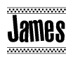The clipart image displays the text James in a bold, stylized font. It is enclosed in a rectangular border with a checkerboard pattern running below and above the text, similar to a finish line in racing. 