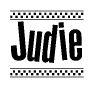 The image is a black and white clipart of the text Judie in a bold, italicized font. The text is bordered by a dotted line on the top and bottom, and there are checkered flags positioned at both ends of the text, usually associated with racing or finishing lines.