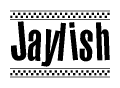 The image is a black and white clipart of the text Jaylish in a bold, italicized font. The text is bordered by a dotted line on the top and bottom, and there are checkered flags positioned at both ends of the text, usually associated with racing or finishing lines.