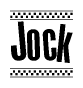 The clipart image displays the text Jock in a bold, stylized font. It is enclosed in a rectangular border with a checkerboard pattern running below and above the text, similar to a finish line in racing. 