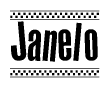 The image is a black and white clipart of the text Janelo in a bold, italicized font. The text is bordered by a dotted line on the top and bottom, and there are checkered flags positioned at both ends of the text, usually associated with racing or finishing lines.