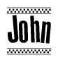 The clipart image displays the text John in a bold, stylized font. It is enclosed in a rectangular border with a checkerboard pattern running below and above the text, similar to a finish line in racing. 