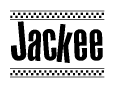The image contains the text Jackee in a bold, stylized font, with a checkered flag pattern bordering the top and bottom of the text.