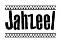 The image contains the text Jahzeel in a bold, stylized font, with a checkered flag pattern bordering the top and bottom of the text.