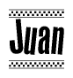 The image contains the text Juan in a bold, stylized font, with a checkered flag pattern bordering the top and bottom of the text.