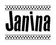 The clipart image displays the text Janina in a bold, stylized font. It is enclosed in a rectangular border with a checkerboard pattern running below and above the text, similar to a finish line in racing. 