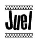 The image is a black and white clipart of the text Juel in a bold, italicized font. The text is bordered by a dotted line on the top and bottom, and there are checkered flags positioned at both ends of the text, usually associated with racing or finishing lines.