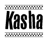 The image is a black and white clipart of the text Kasha in a bold, italicized font. The text is bordered by a dotted line on the top and bottom, and there are checkered flags positioned at both ends of the text, usually associated with racing or finishing lines.