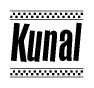 The clipart image displays the text Kunal in a bold, stylized font. It is enclosed in a rectangular border with a checkerboard pattern running below and above the text, similar to a finish line in racing. 