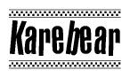 The image is a black and white clipart of the text Karebear in a bold, italicized font. The text is bordered by a dotted line on the top and bottom, and there are checkered flags positioned at both ends of the text, usually associated with racing or finishing lines.