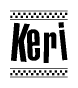 The image is a black and white clipart of the text Keri in a bold, italicized font. The text is bordered by a dotted line on the top and bottom, and there are checkered flags positioned at both ends of the text, usually associated with racing or finishing lines.
