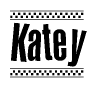 The image contains the text Katey in a bold, stylized font, with a checkered flag pattern bordering the top and bottom of the text.