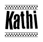 The image is a black and white clipart of the text Kathi in a bold, italicized font. The text is bordered by a dotted line on the top and bottom, and there are checkered flags positioned at both ends of the text, usually associated with racing or finishing lines.