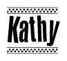 The image is a black and white clipart of the text Kathy in a bold, italicized font. The text is bordered by a dotted line on the top and bottom, and there are checkered flags positioned at both ends of the text, usually associated with racing or finishing lines.