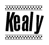 The image is a black and white clipart of the text Kealy in a bold, italicized font. The text is bordered by a dotted line on the top and bottom, and there are checkered flags positioned at both ends of the text, usually associated with racing or finishing lines.