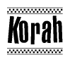 The image contains the text Korah in a bold, stylized font, with a checkered flag pattern bordering the top and bottom of the text.