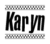 The image contains the text Karyn in a bold, stylized font, with a checkered flag pattern bordering the top and bottom of the text.