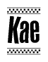 The image is a black and white clipart of the text Kae in a bold, italicized font. The text is bordered by a dotted line on the top and bottom, and there are checkered flags positioned at both ends of the text, usually associated with racing or finishing lines.