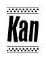 The image contains the text Kan in a bold, stylized font, with a checkered flag pattern bordering the top and bottom of the text.